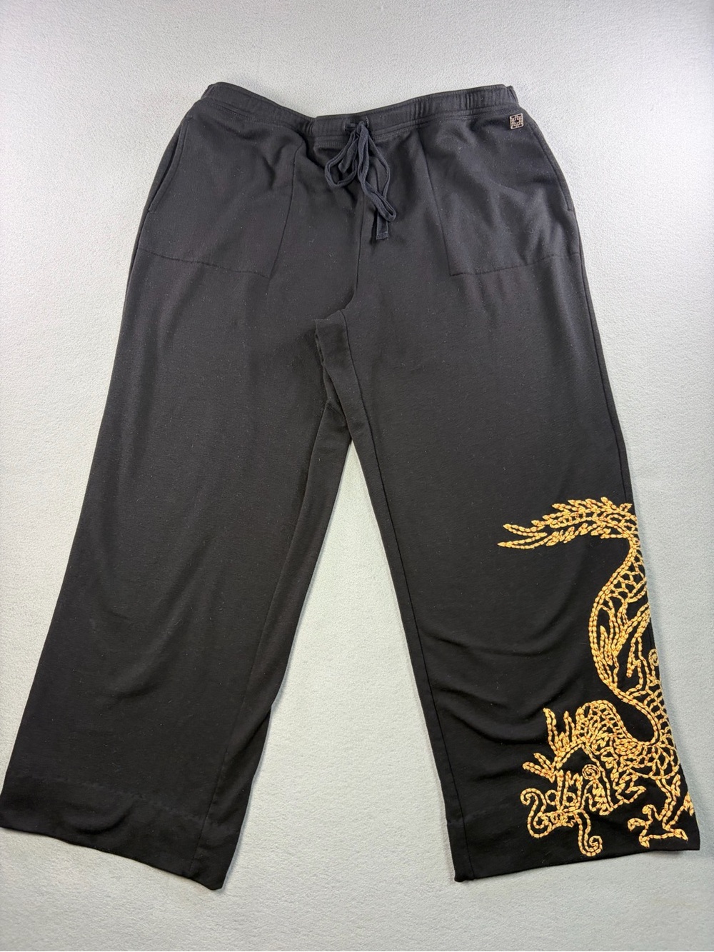 Natori Black Wide-Leg Pants with Gold Dragon Embroidery